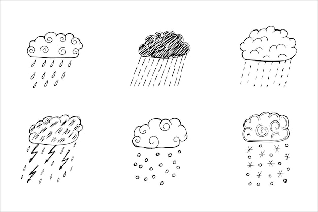 Vector hand drawn clouds with precipitation rain snow thunderstorm doodle sketch vector illustration