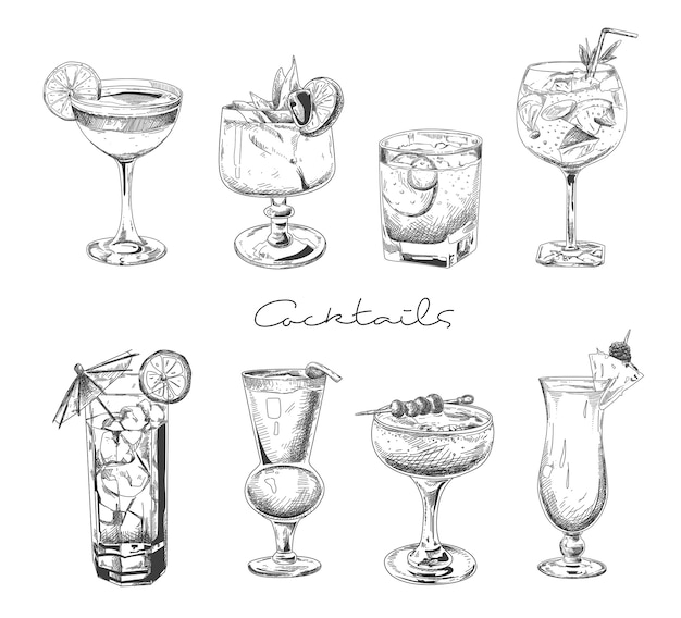 Hand drawn cocktail. Alcoholic drinks in glasses. Sketch juice, margarita martini. Cocktail with rum, gin whiskey vector set.