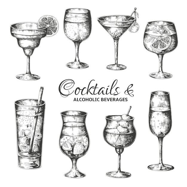 Hand drawn cocktails. Vintage glasses with liquors and alcoholic drinks, summer drinks sketch menu.