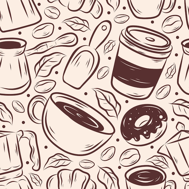 手描きのコーヒーと飲み物のシームレスパターン 背景