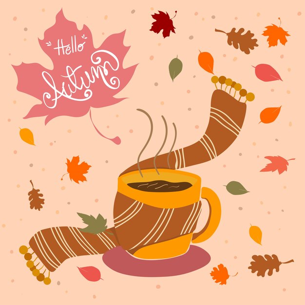 秋のカードにスカーフと秋の葉で手描きのコーヒーカップ