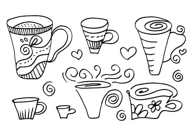 Tazza da caffè disegnata a mano con set di fumo e cuore doodle schizzo minimalista.