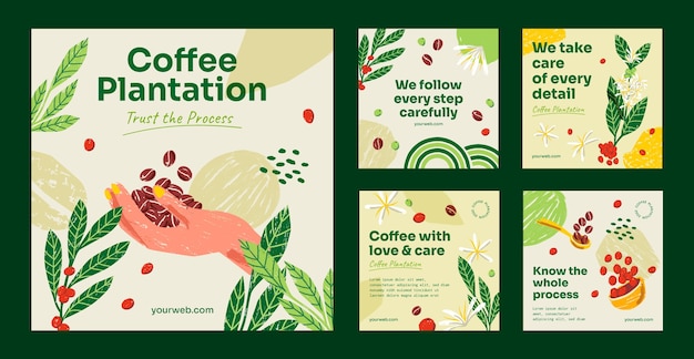 Vector hand drawn coffee plantation instagram posts template