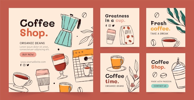 Vector hand drawn coffee plantation instagram posts