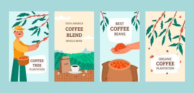 Vettore storie di instagram di piantagioni di caffè disegnate a mano