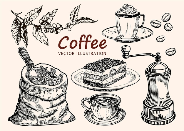 손으로 그린 커피 세트입니다. 커피 스케치입니다. 커피 컬렉션입니다. 그라인더, 가방, 콩, 컵, 가지