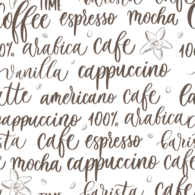 hand drawn coffee set lettering inscription background seamless pattern