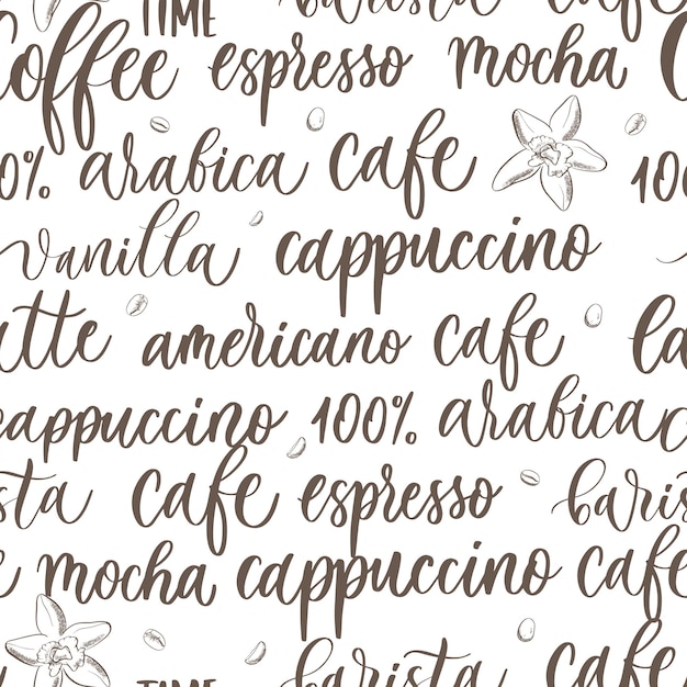 Vector hand drawn coffee set lettering inscription background seamless pattern