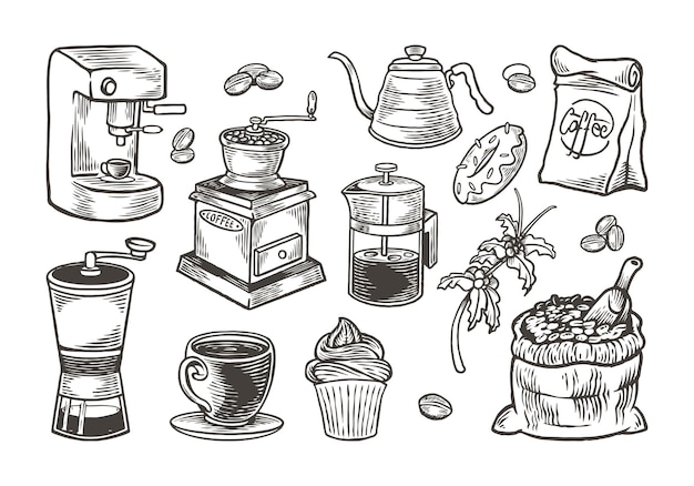 Vector hand drawn coffee set with vintage engraving style