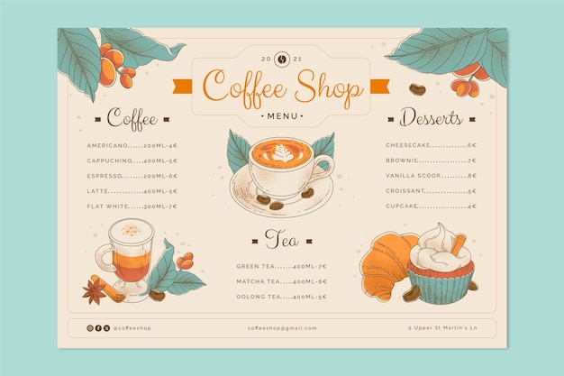 Vettore modello di menu caffetteria disegnato a mano