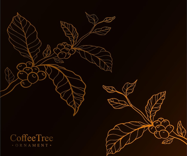 枝、葉、豆を使った手描きのコーヒーの木、包装用のコーヒーの木のイラスト