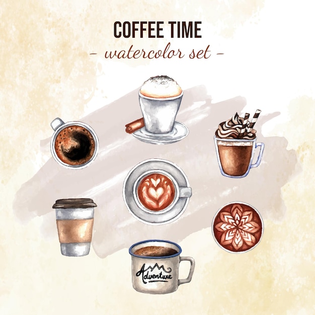 Hand drawn coffee watercolor illustration set