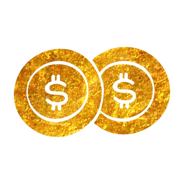 Vettore icona dei soldi della moneta disegnata a mano nell'illustrazione di vettore di struttura della lamina d'oro