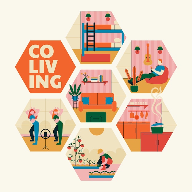 Нарисованная рукой иллюстрация coliving