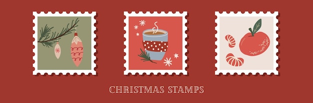 Hand drawn collection of christmas postage stamps in retro style