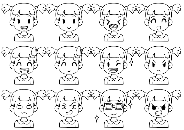 Vector hand drawn collection cute funny avatars cartoon, different emotions