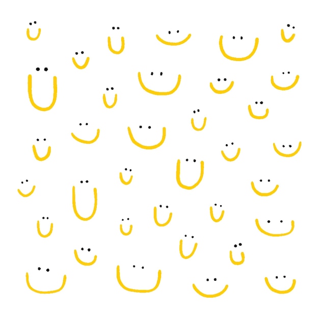 Vettore collezione disegnata a mano di sorrisi carini scarabocchi gialli per carta da imballaggio in tessuto di cartone
