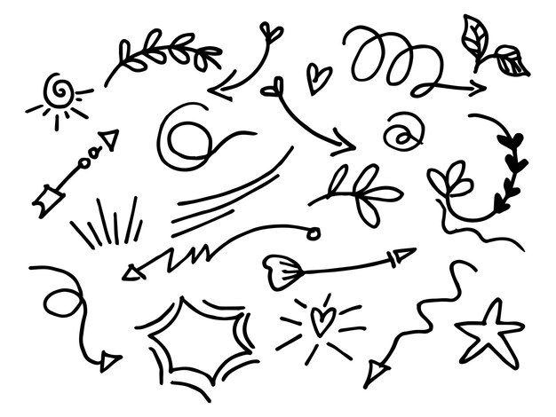 Hand drawn collection of design element. curly swishes, swoops, swirl, arrow, heart, love, crown, flower, leaf, star, firework, highlight text and emphasis doodles