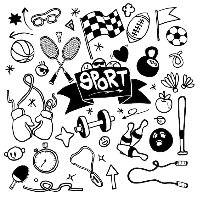 Vector hand drawn collection of diverse sports equipmentxa