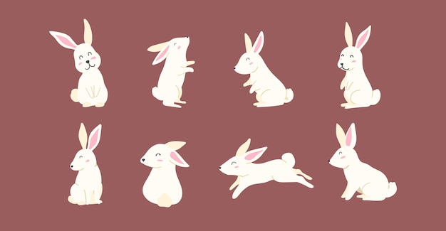 Vector hand drawn collection for easter with cute bunny characters happy easter cartoon vector illustration