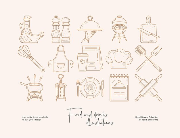 Vector hand drawn collection of line art food illustrations templates for brand identity