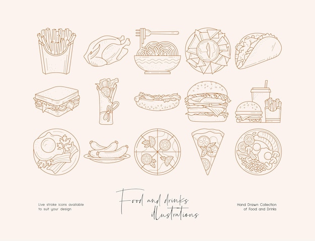 Vector hand drawn collection of line art food illustrations templates for brand identity