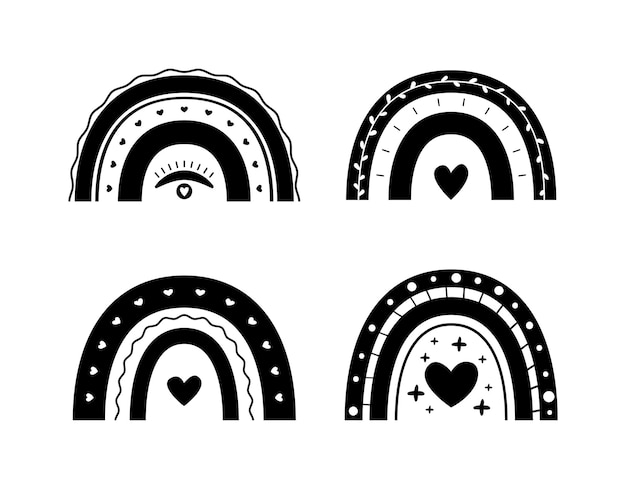 Hand drawn collection for nursery decoration with cute black rainbows. Scandinan boho style