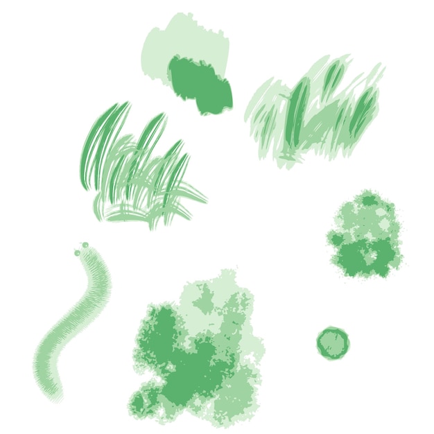 自然要素の手描きコレクション 緑の苔草のセット ふわふわの毛虫と抽象的なスポット 装飾とデザインのための落書きベクトル図