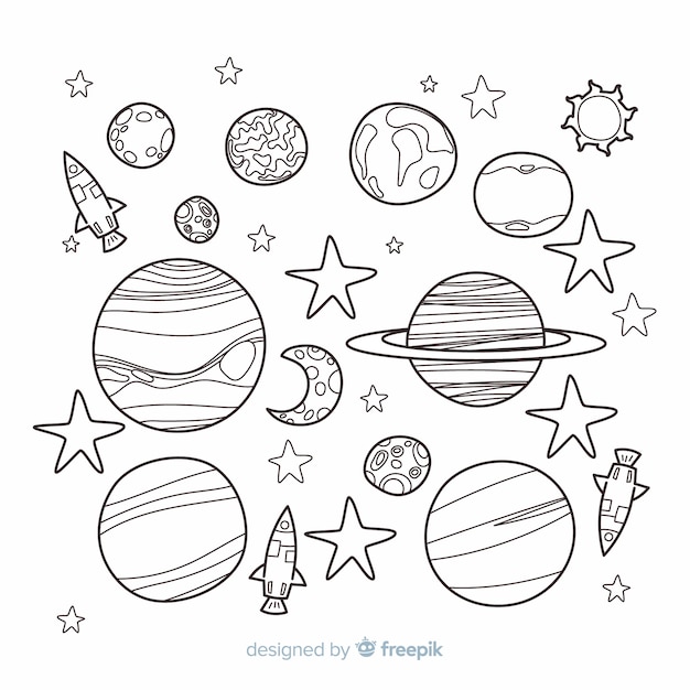 Hand drawn collection of planets in doodle style