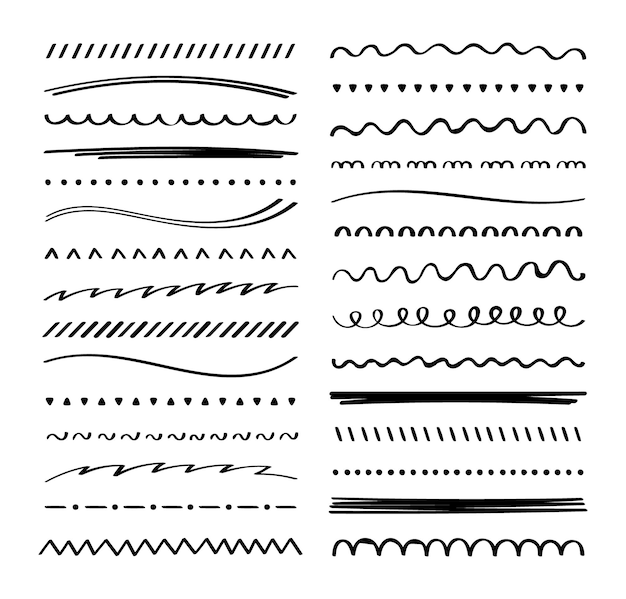 Hand drawn collection set of underline strokes in marker brush doodle style Doodle design elements Vector graphic design