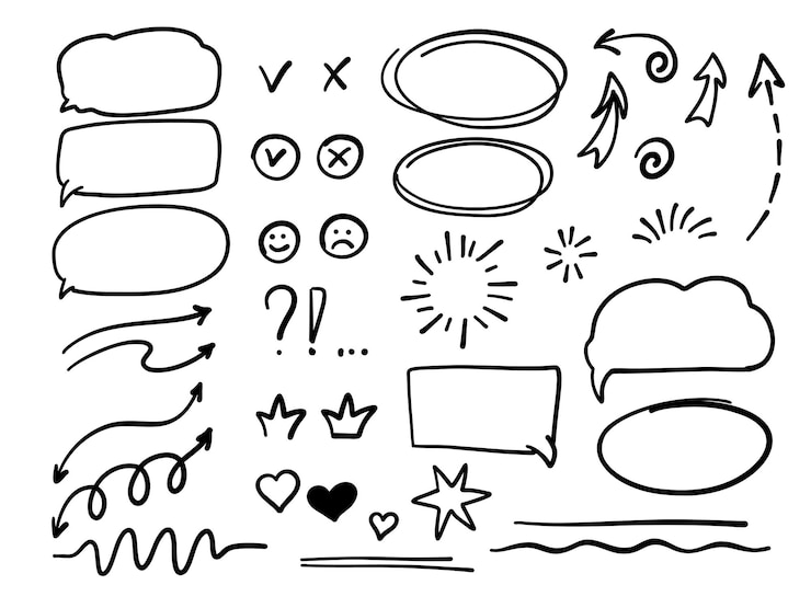 Vector スケッチの下線、強調、矢印形状セットの手描きコレクション。王冠、吹き出し、