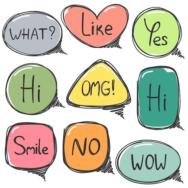 Hand drawn collection of speech bubbles with doodle style text isolated on white background Vector