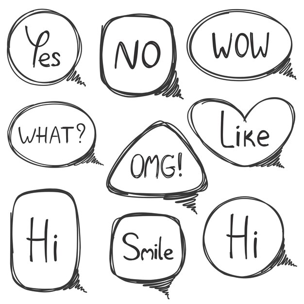 Hand drawn collection of speech bubbles with doodle style text isolated on white background Vector