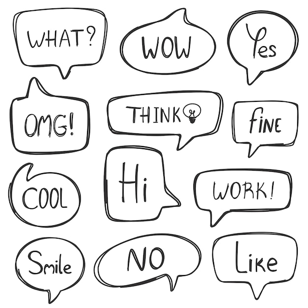 Hand drawn collection of speech bubbles with doodle style text isolated on white background vector