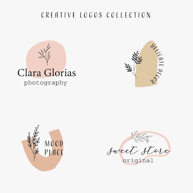 Vector hand drawn collection with pastel organic shapes and line art floral elements botanical logo