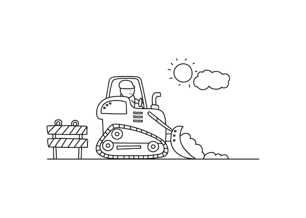 Hand drawn color children construction worker riding a bulldozer