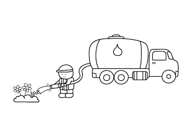Hand drawn color children construction worker watering plants with water tank truck