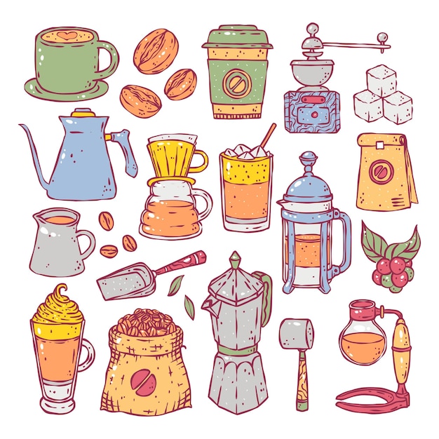 Vettore collezione di icone di caffè a colori disegnati a mano