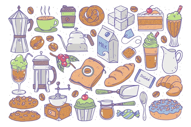 Vector hand drawn color coffee shop icon collection