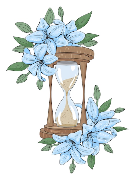 Hand drawn color sketch hourglass with flowers. Vector illustration. Isolated on white. Tattoo, line art.