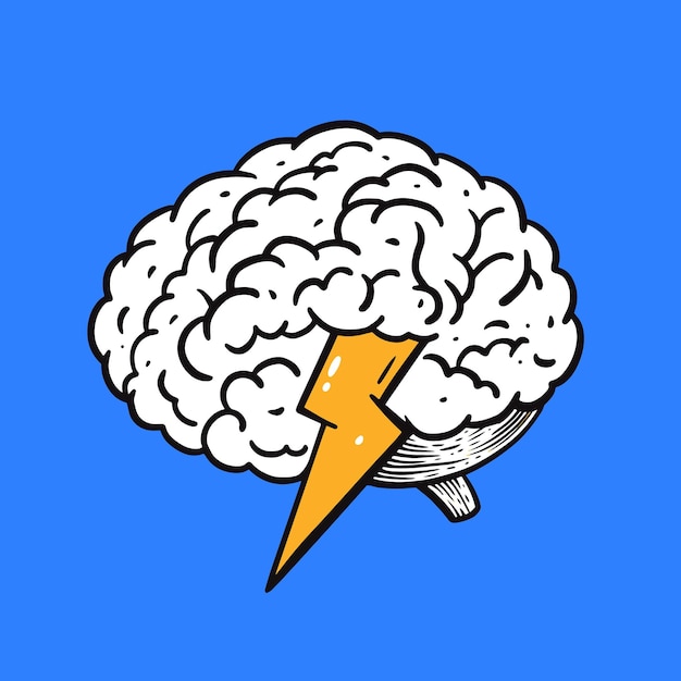 Vector hand drawn colored brain human and lightning yellow. vector illustration.