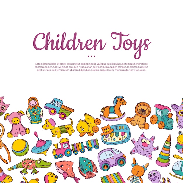 hand drawn colored children or kid toys card with place for text 