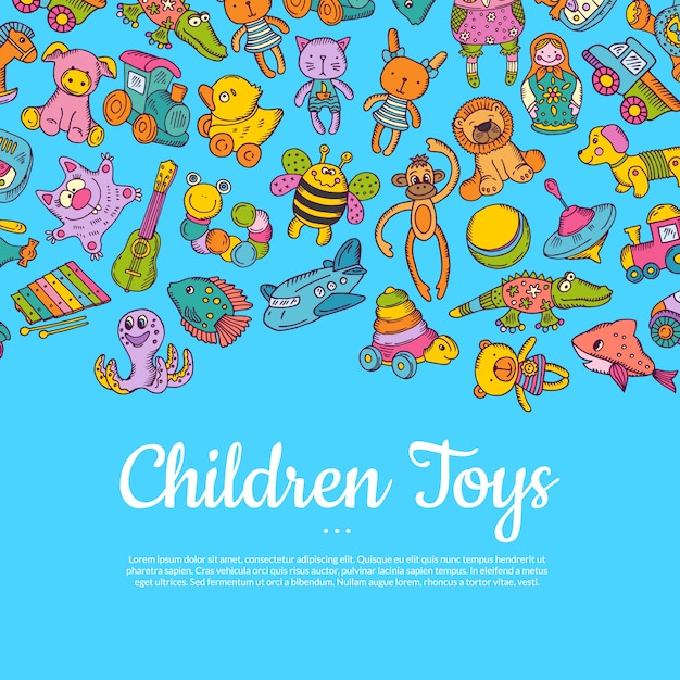 Vector hand drawn colored children or kid toys  with place for text on blue