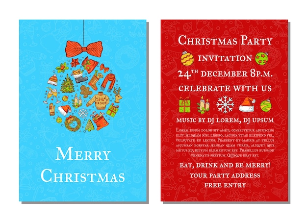  hand drawn colored christmas elements with santa, tree, gifts and bells party invitation template with xmas tree toy and place for text illustration