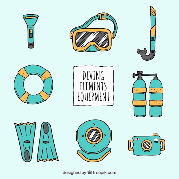 Vector hand drawn colored diving equipment