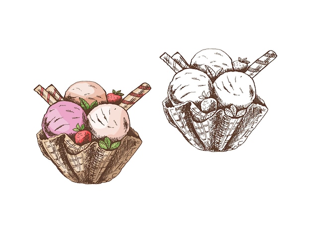 A hand drawn colored and monochrome sketch of ice cream balls in a waffle basket