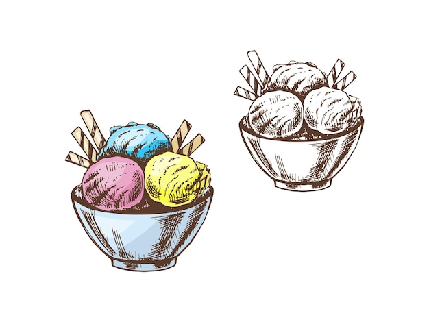 Vector a hand drawn colored and monochrome sketch of an ice cream balls with waffle tubes in a bowl