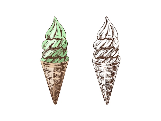 Vector hand drawn colored and monochrome sketch set of waffle cones with multi layered ice cream