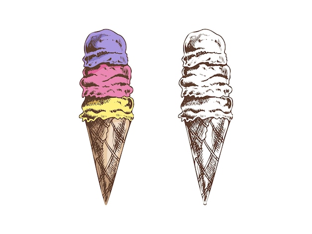 Hand drawn colored and monochrome sketch set of waffle cones with multi layered ice cream