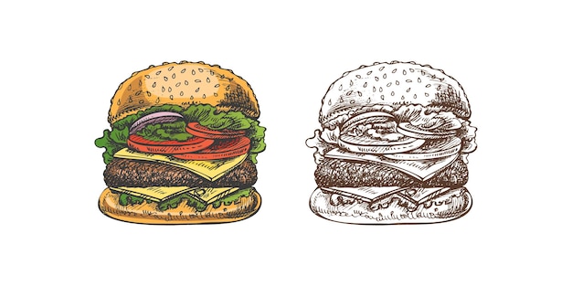 Hand drawn colored and monochrome sketches of great delicious burgers isolated on white background